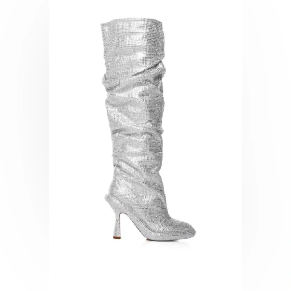 AZALEA WANG BAREFOOT SILVER OVER THE KNEE RHINESTONE BOOT 8.5 NEW